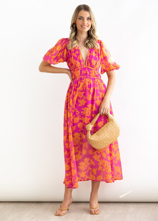 v-neck floral print puff sleeve midi dress - red