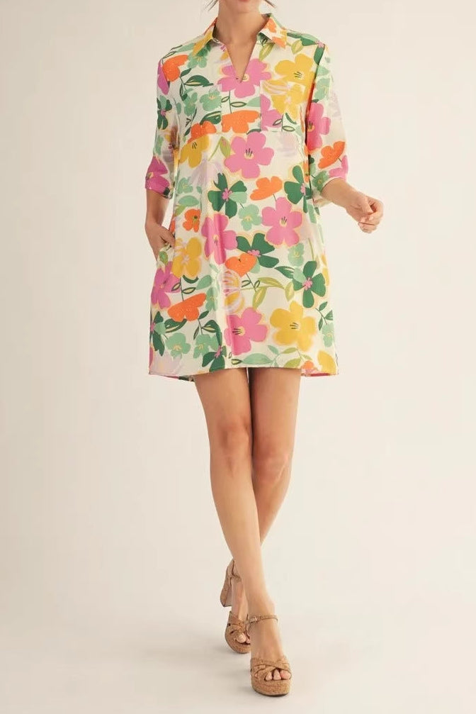 Floral Print Mid-Sleeve mini Dress