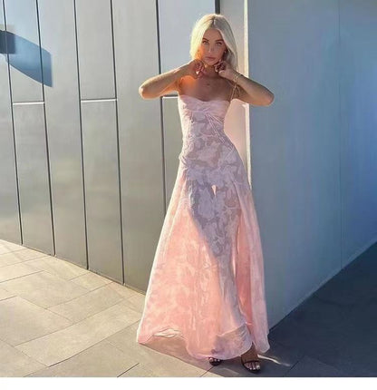 Sheer Jacquard Maxi Dress in Pink
