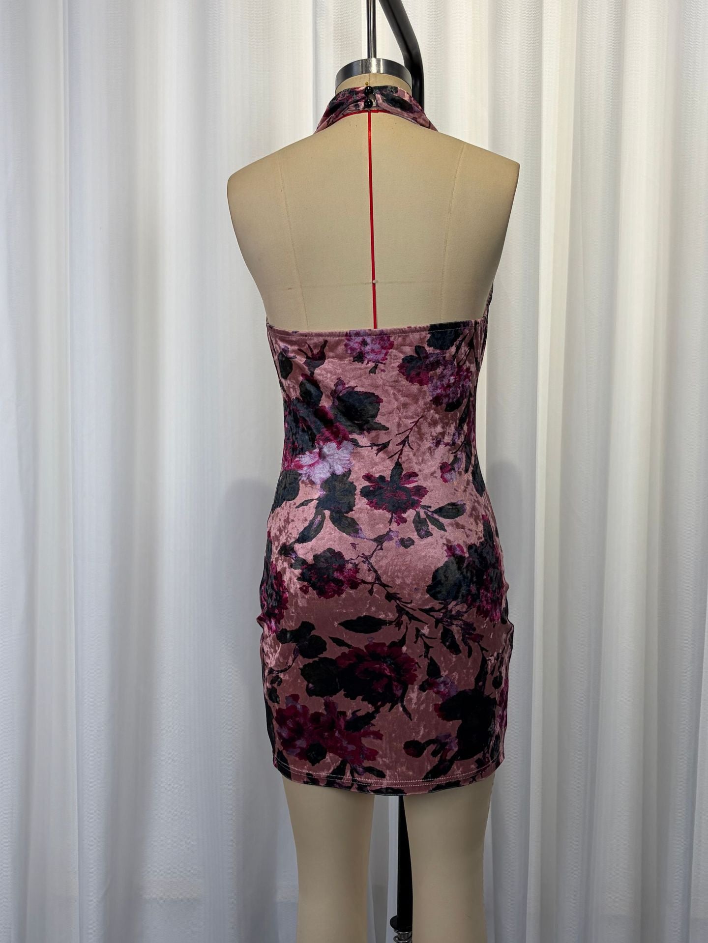 Retro velvet floral print pleated sleeveless halter mini dress