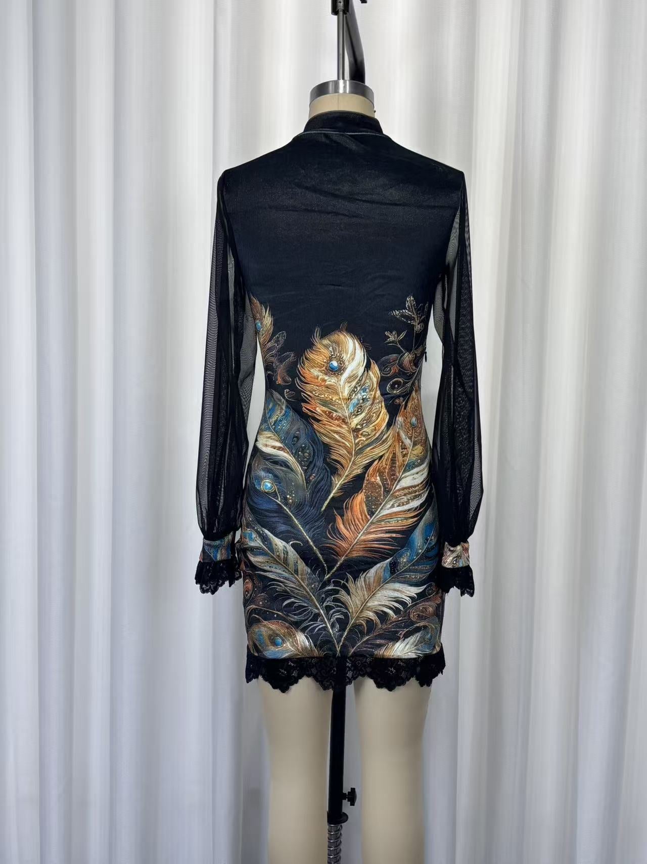 Lace trim and printed mesh bodycon mini dress