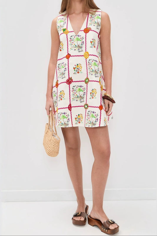 sleeveless V-neck digital print mini dress - white