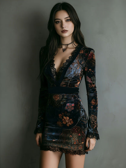 V-neck lace-trimmed printed long-sleeved bodycon mini dress
