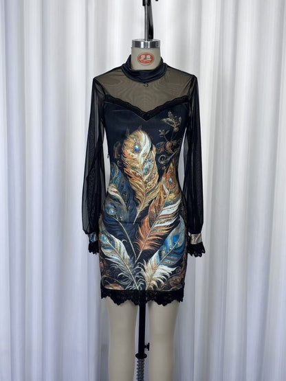 Lace trim and printed mesh bodycon mini dress