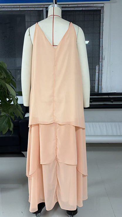 Flowy layered sleeveless slip tulle midi dress