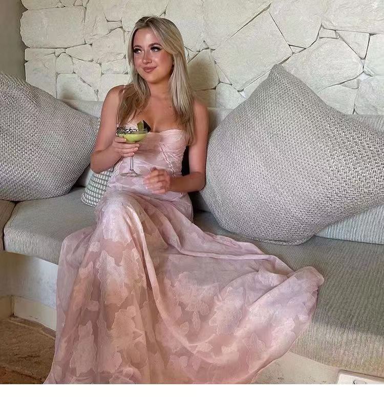 Sheer Jacquard Maxi Dress in Pink