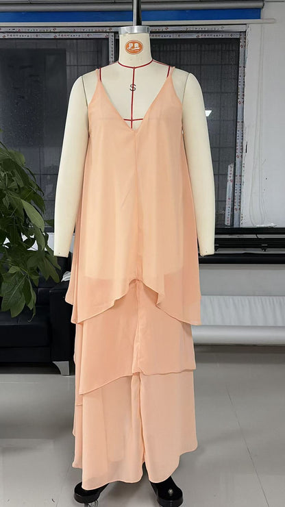 Flowy layered sleeveless slip tulle midi dress