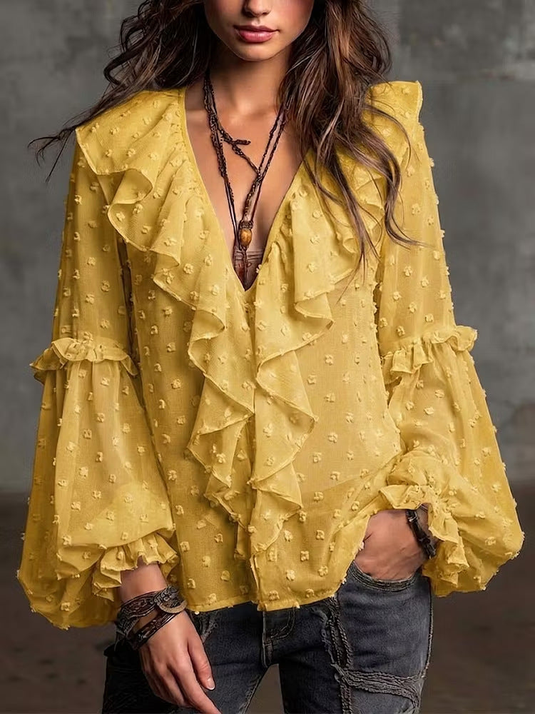 Polka dot print ruffle shirt - yellow