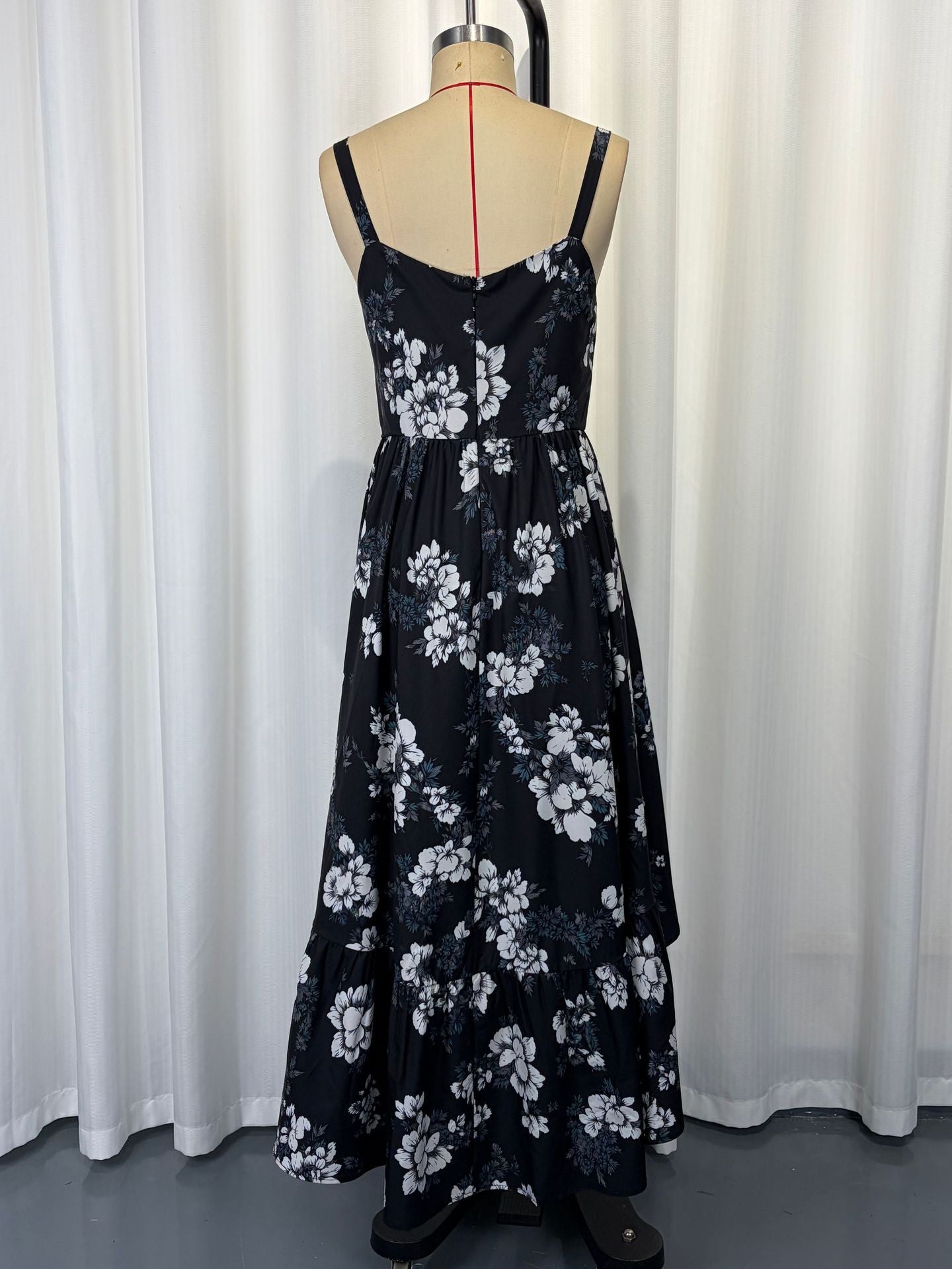 black Printed halter midi dress with irregular wave hem