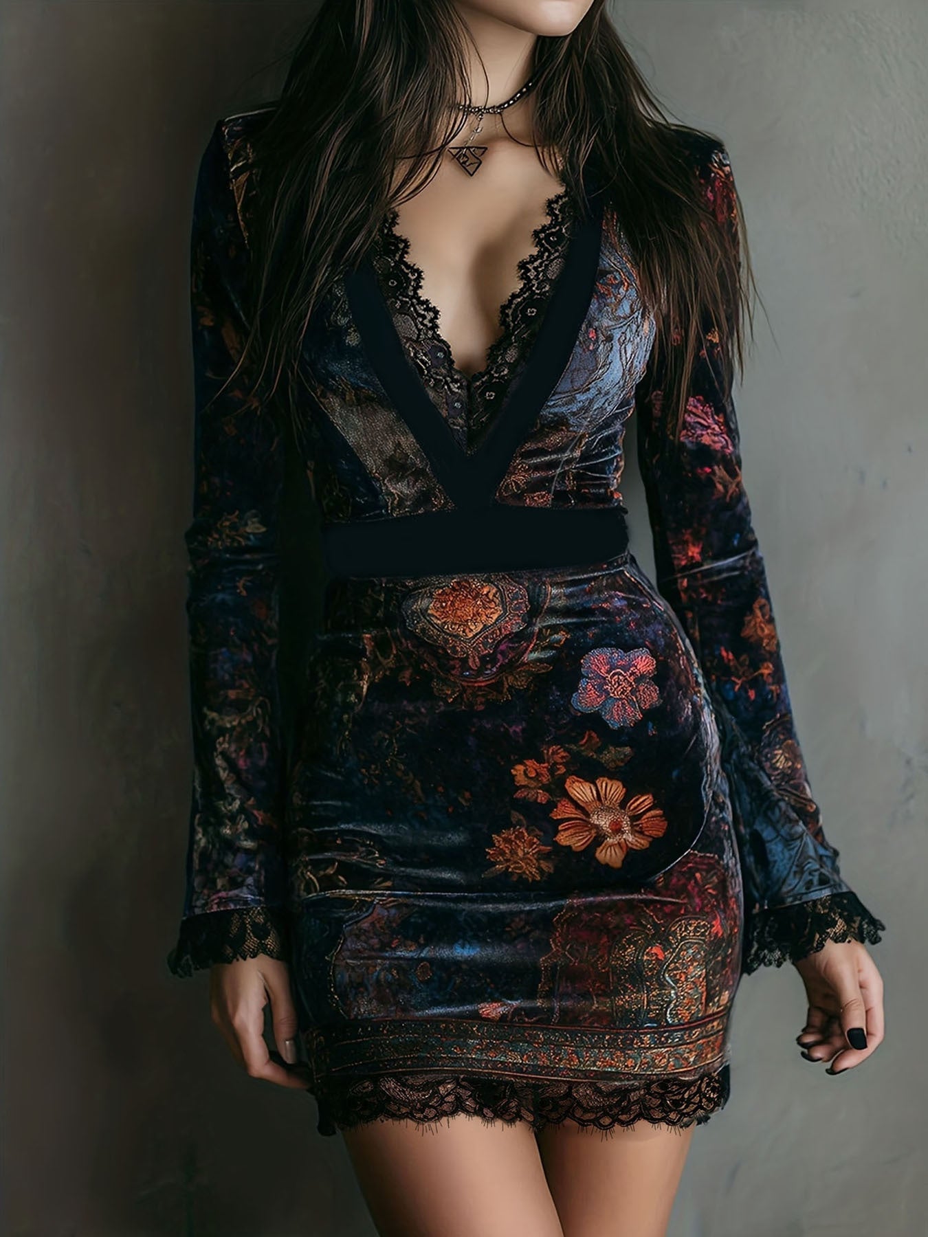 V-neck lace-trimmed printed long-sleeved bodycon mini dress