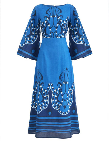Printed Flare Sleeve midi dress - blue