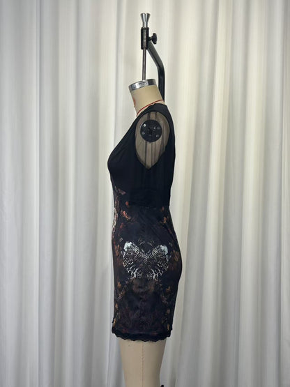 Lace mesh patchwork V-neck printed bodycon mini dress