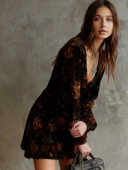 Floral print V-neck velvet mini dress