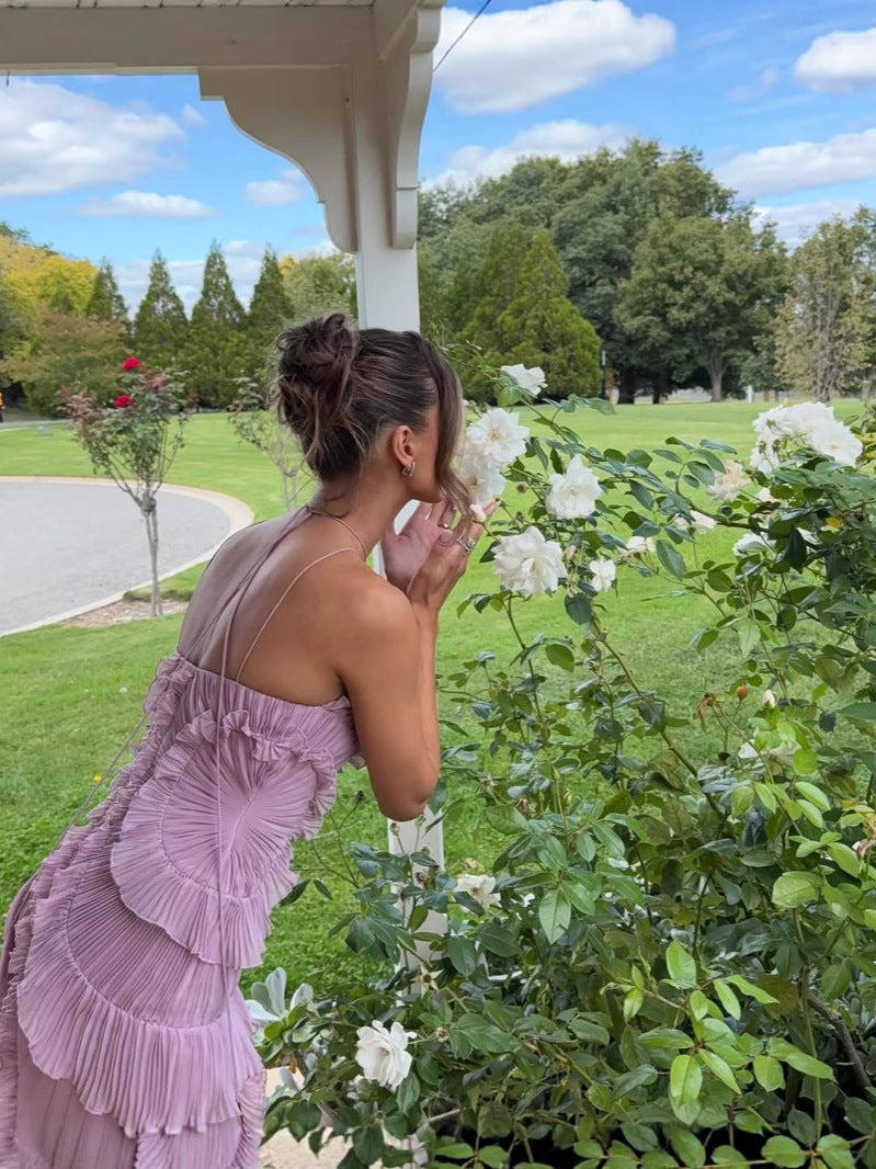 ruffle halter backless maxi dress in pale purple