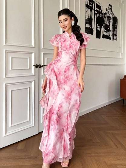 Floral print flutter sleeves fishtail maxi dress - Pink / Blue / Yellow