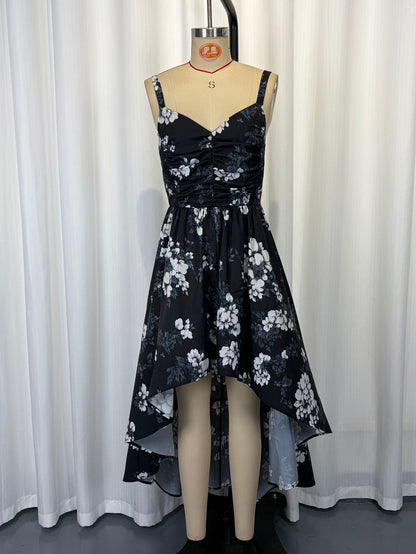 black Printed halter midi dress with irregular wave hem