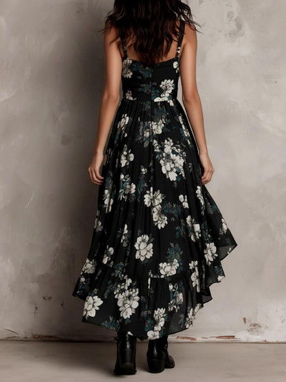 black Printed halter midi dress with irregular wave hem