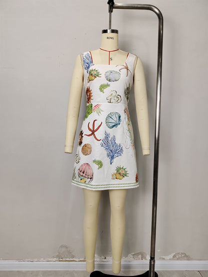 Backless Print Strap Mini Dress - white