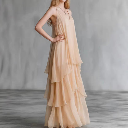 Flowy layered sleeveless slip tulle midi dress