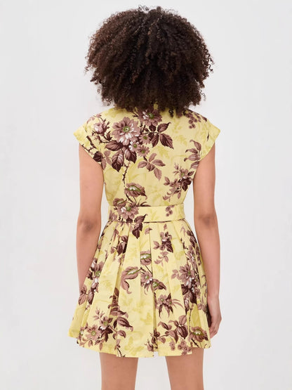 printed sleeveless  A-line pleated mini dress - yellow