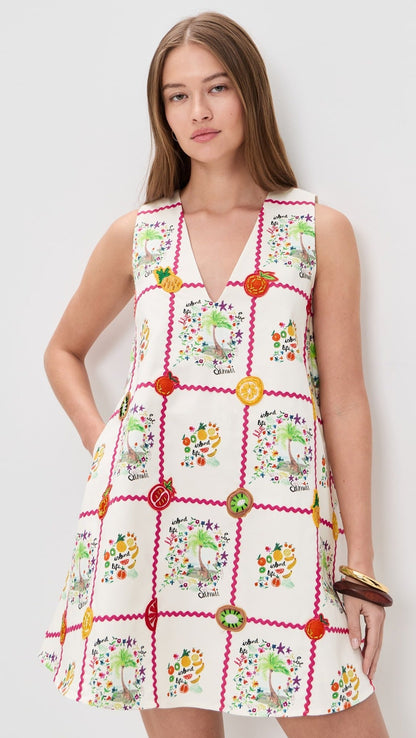 sleeveless V-neck digital print mini dress - white