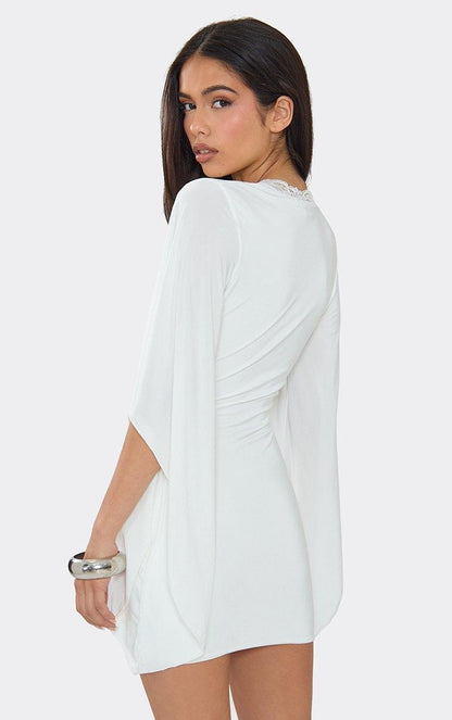White Lace-Trim Mini Dress with Flowing Kimono Sleeves Premium Fabric - product view 3