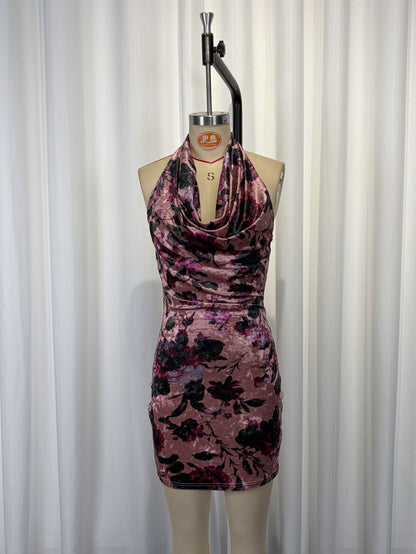 Retro velvet floral print pleated sleeveless halter mini dress