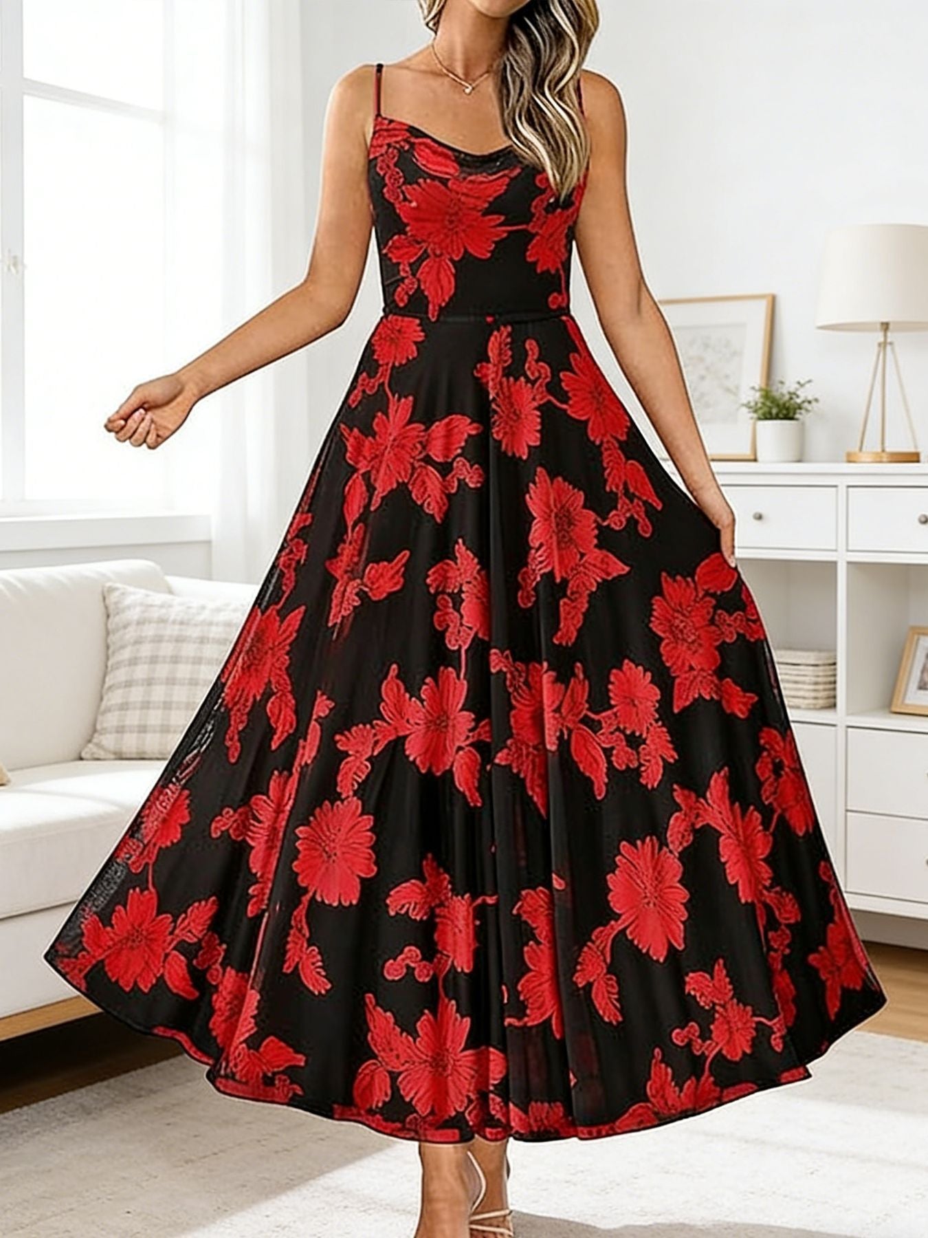 Swing Collar Strap Printed Chiffon Large Hem Waist-Cinching Dress