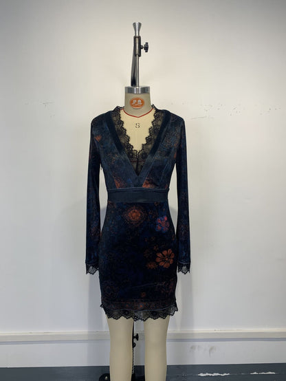 V-neck lace-trimmed printed long-sleeved bodycon mini dress
