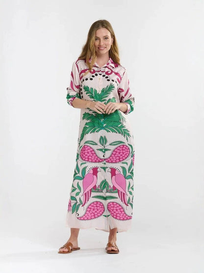 Parrot Palm Print Loose Shirt maxi Dress