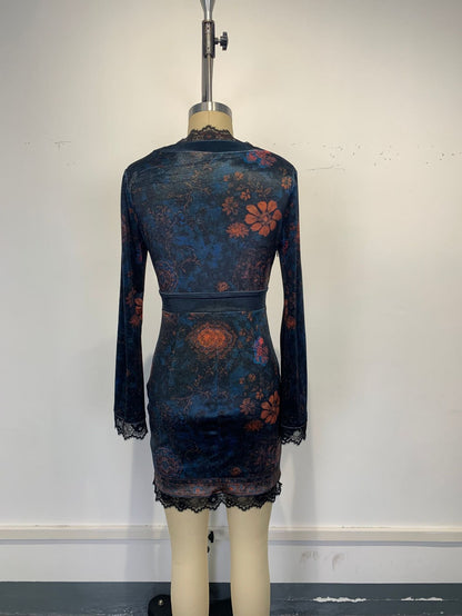 V-neck lace-trimmed printed long-sleeved bodycon mini dress