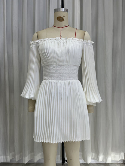 Ruched off-the-shoulder long-sleeve waist-cinching mini dress - white