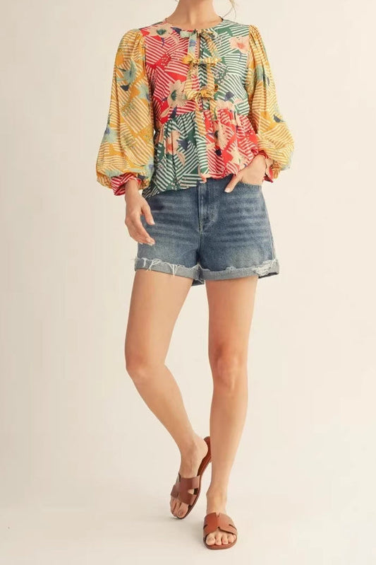 Bohemian floral stripe patchwork tie front puff sleeve top