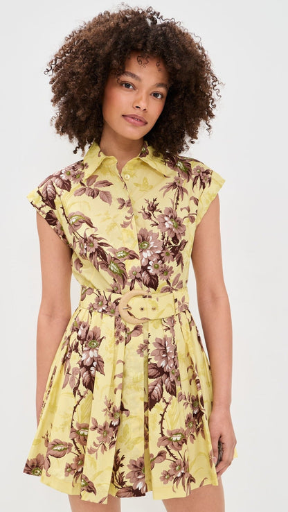 printed sleeveless  A-line pleated mini dress - yellow
