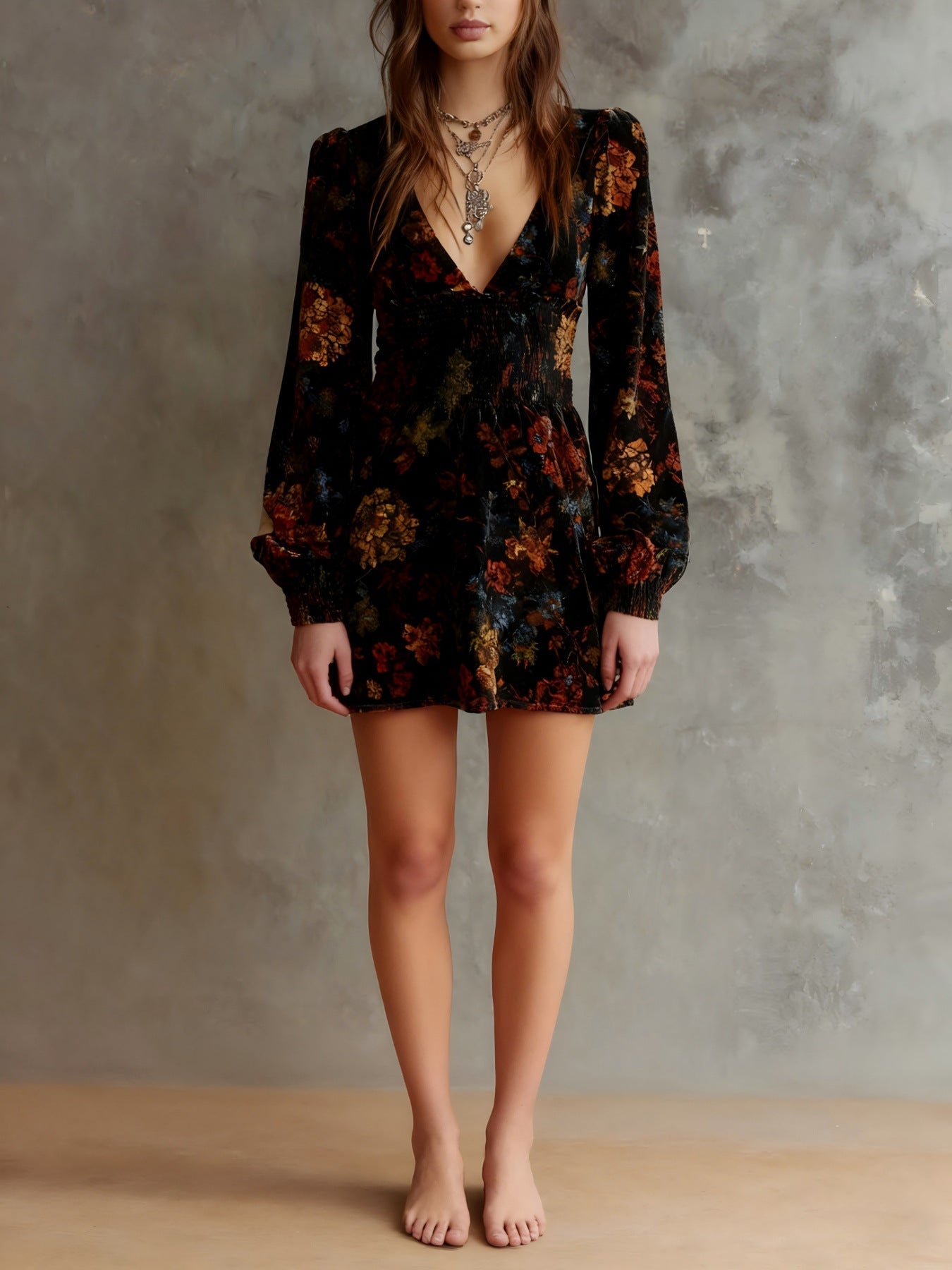 Floral print V-neck velvet mini dress