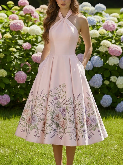 vivien Halter-neck floral print midi dress