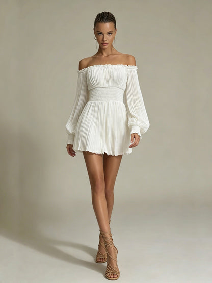 Ruched off-the-shoulder long-sleeve waist-cinching mini dress - white