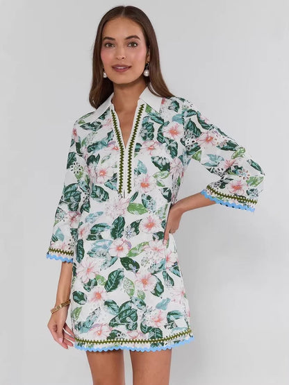V-neck Lace Floral print mini Dress