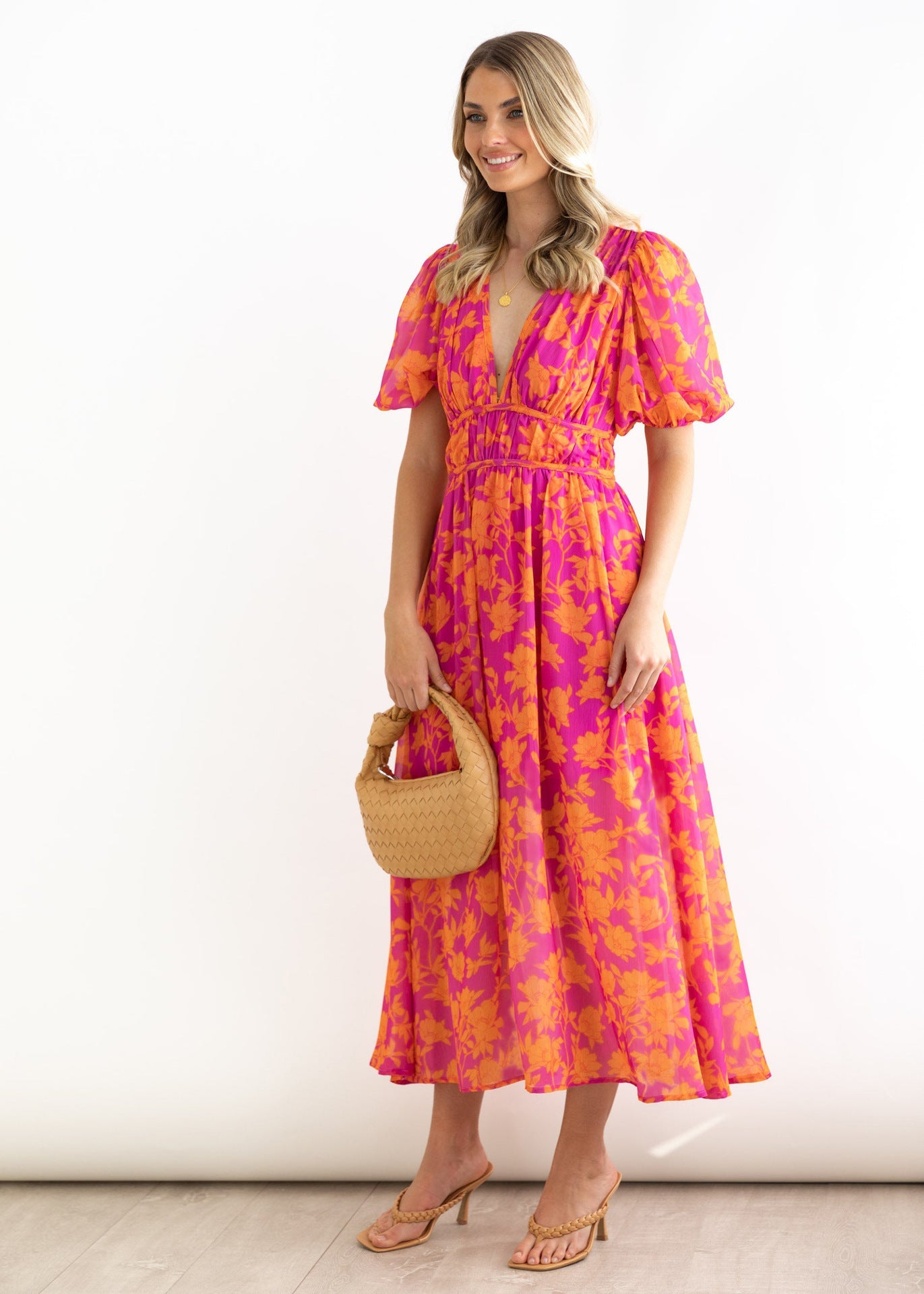 v-neck floral print puff sleeve midi dress - red