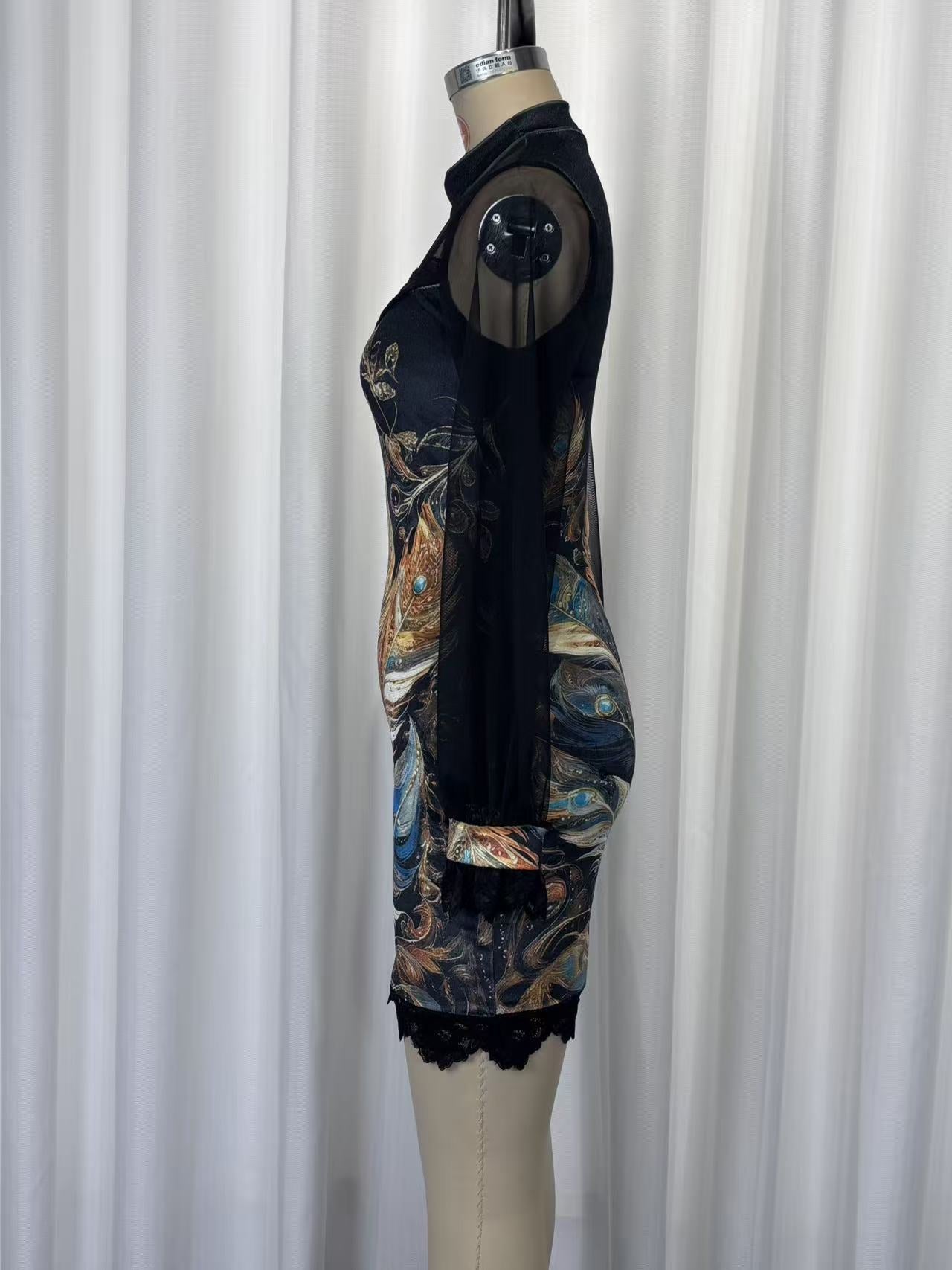 Lace trim and printed mesh bodycon mini dress