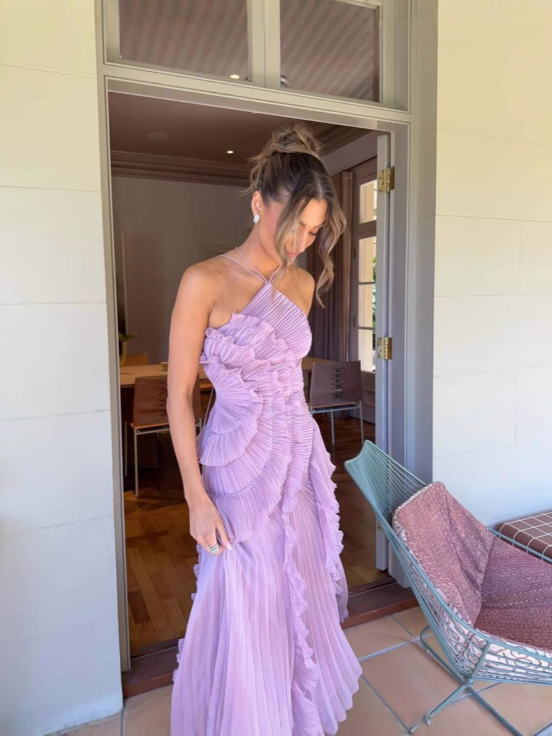 ruffle halter backless maxi dress in pale purple