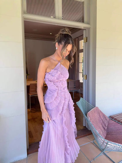 ruffle halter backless maxi dress in pale purple