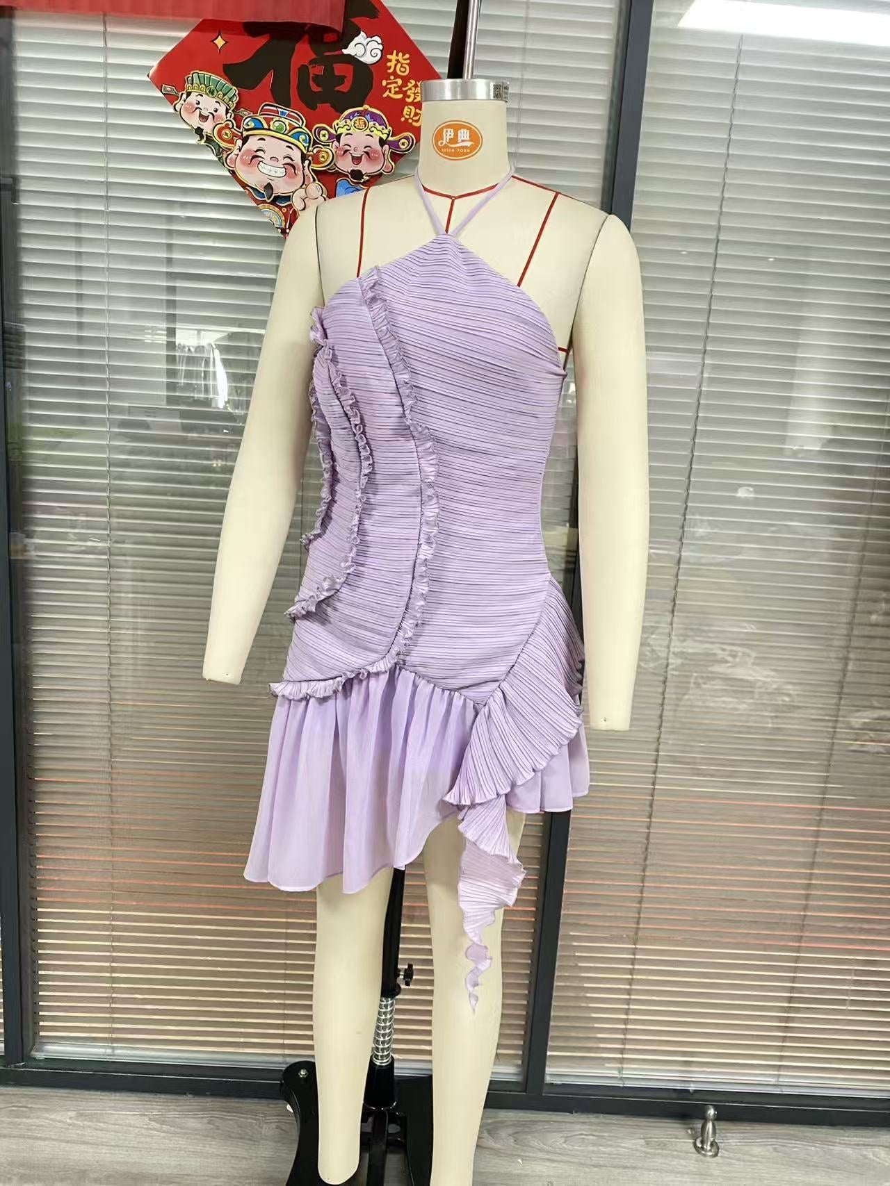 Uexor Halterneck Pleated Ruffle Mini Dress