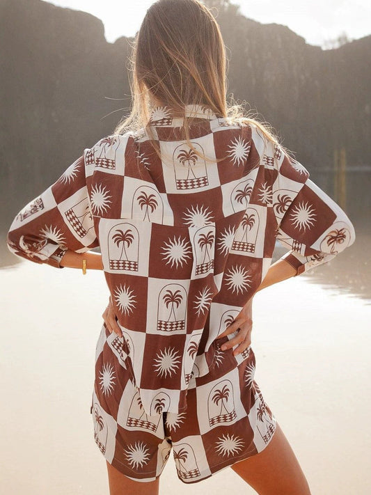 Patterned long-sleeve cardigan & shorts set - brown