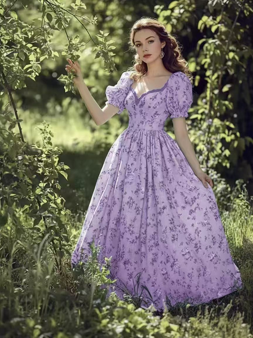 Floral print V-neck puff sleeve maxi dress - blue