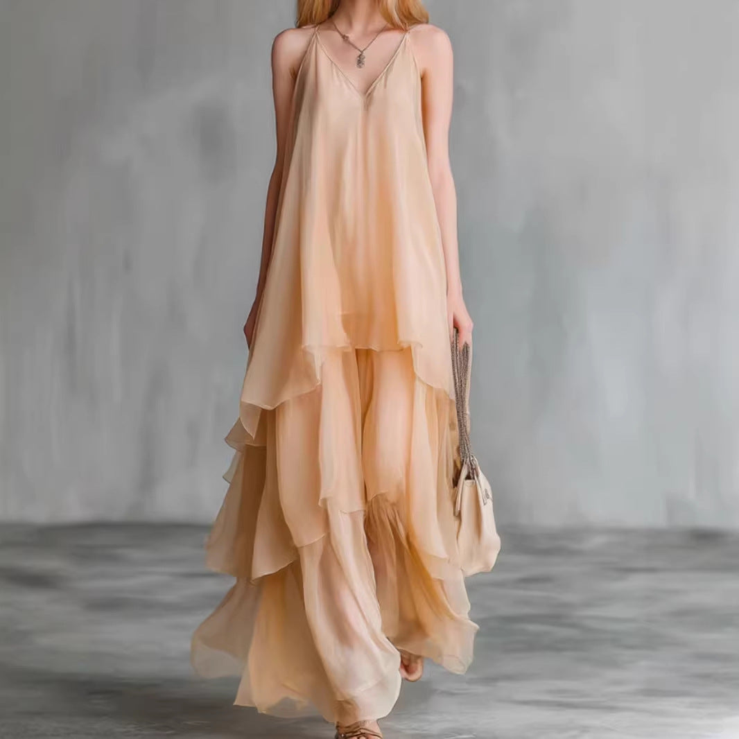 Flowy layered sleeveless slip tulle midi dress
