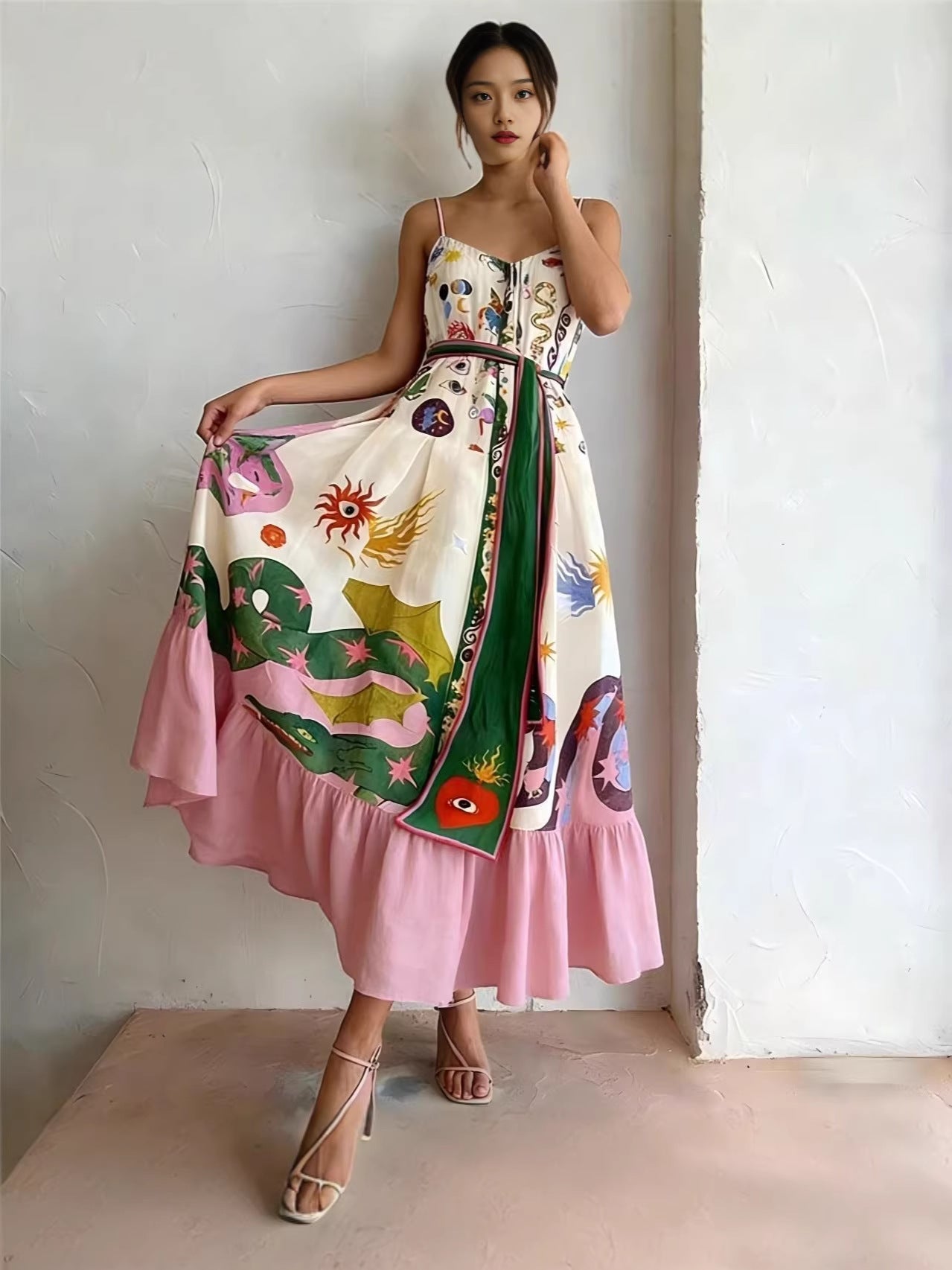 Printed camisole full-sweep maxi dress with ruffled