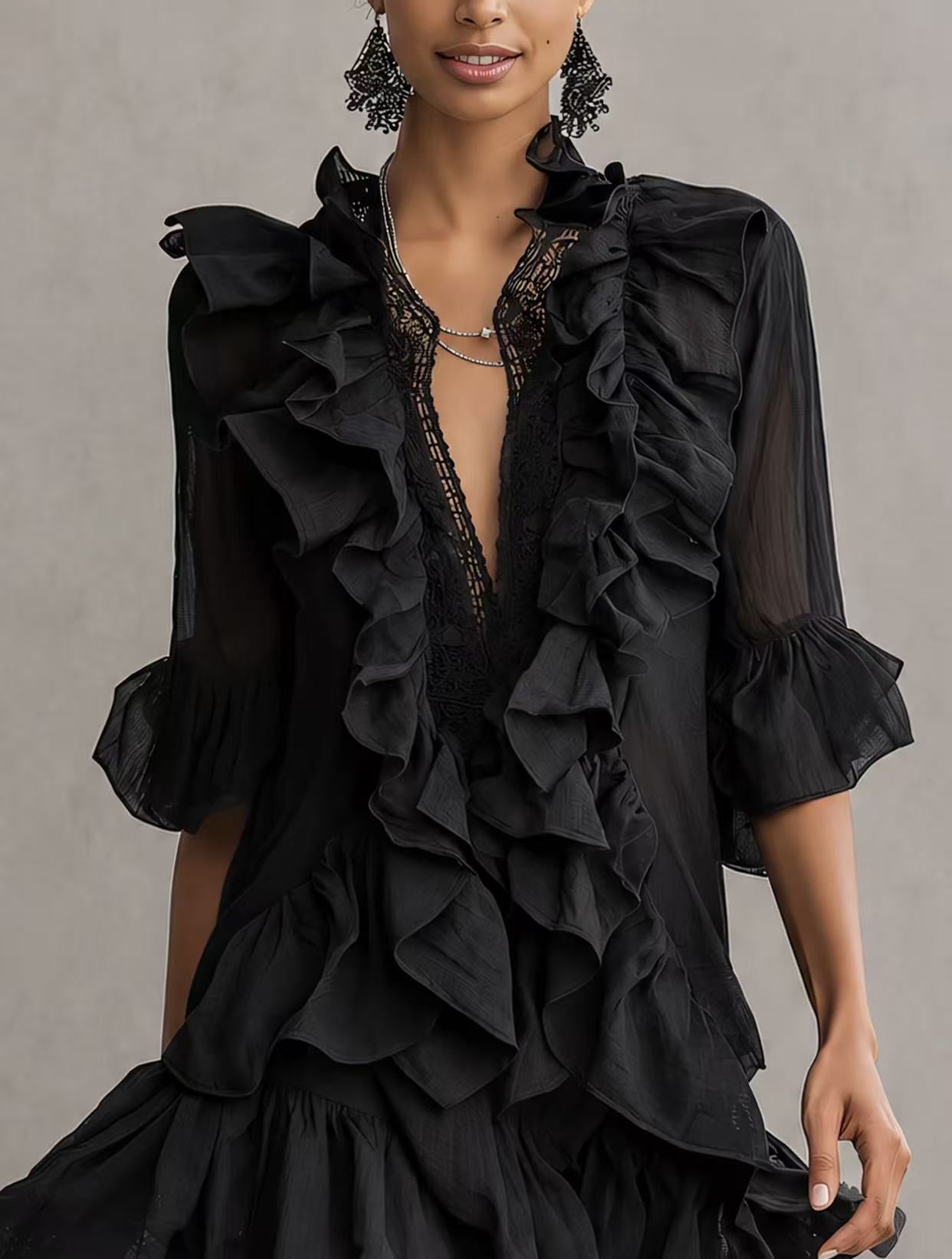 V-neck flared sleeve ruffled mini dress - black