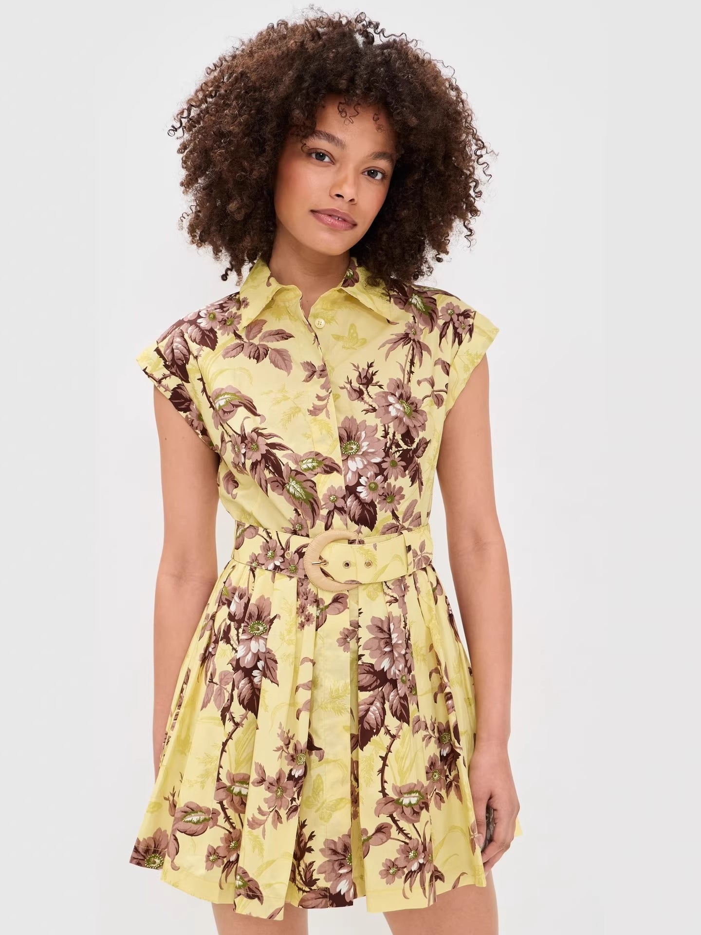 printed sleeveless  A-line pleated mini dress - yellow