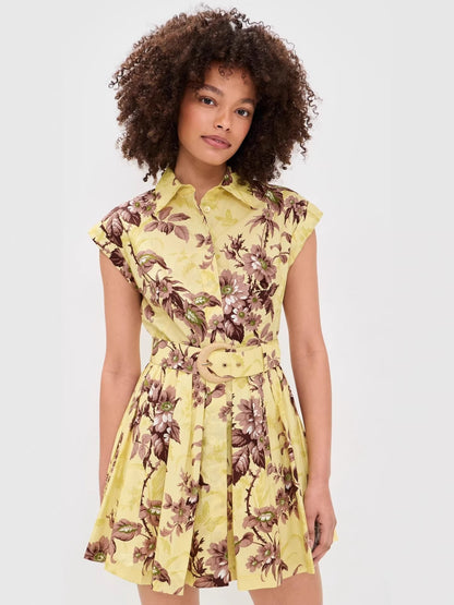 printed sleeveless  A-line pleated mini dress - yellow